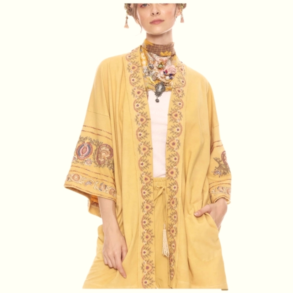NWT ARATTA SILENT JOURNEY Juliette Embellished French Terry Kimono Jacket GOLD